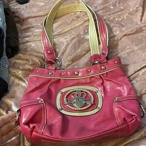 Kathy Van Zeeland Pink Shoulder Bag with Cream Straps and Trim